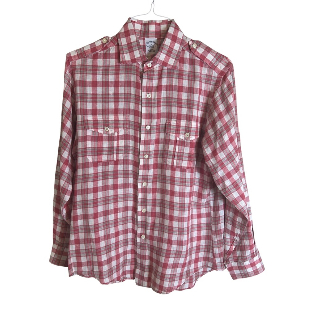 Brooks Brothers Button Down Shirt Mens M Red Plaid Irish Linen Slim Fit Epaulet